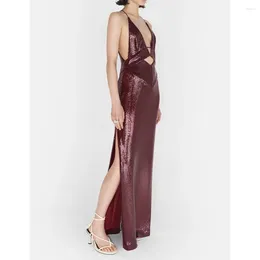 Party Dresses Charming Burgundy V-Neck Sequin Sleeveless Evening 2024 Straight Floor Length Side Slit Zipper Custom Made Formal Gown
