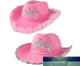 Crown Pink Cowboy Caps Western Cowgirl Hut für Frauen Mädchen Federkante glänzende Pailletten Tiara Cowgirl Hats Party Fedora Caps FA3868878