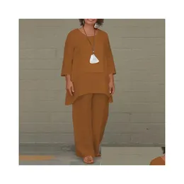 여자 플러스 사이즈 후드 땀 셔츠 2023 세트 LG 슬리브 느슨한 캐주얼 바지 넓은 다리 2 조각 정복 대형 여성 가을 ​​의상 PLO DHCN6