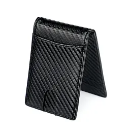 Clipes Men's Genuine Leather Money Clip Wallet Padrão de fibra de carbono e sólido RFID Small Card Cash Titular Metal Money Gramp for Male