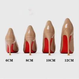 High Heels Designer för Red Shiny Bottoms Pointed Toes 6cm 8cm 10cm 12 cm tunna klackar svart patentläder kvinnor klädskor med dammväska 35-43