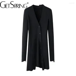 Sukienki swobodne sukienki Yuerwang 2024 Spring modny v szyja nieregularna rąbek czarny dzianinowy moda vintage szczupła mini