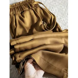 Hochwertige Weitbeinhose Frauen Vintage Drawess Taille Satin Seiden Frau lässig losen gerade Hosen 240410