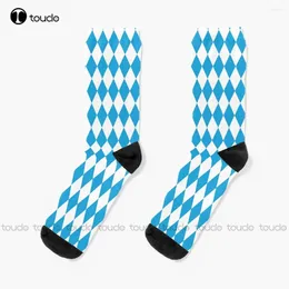 Mulheres meias oktoberfest azul bávaro e branco grande padrão diagonal padrão preto personalizado preto personalizado 360 ° Impressão digital