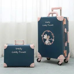 Set Hot! Ny Vintage Floral Pu Travel Bag Rolling Bagage Set, 13 "20" 22 "24" 26 "Inch Women Retro Trolley resväska på universella hjul