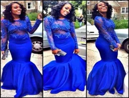 2015 Royal Blue Long Sleeve Prom Dresses Lace Aptliques Embroidery Satin Mermaid Prom Dresses Sheer Neck Plus Sizeフォーマル4636028