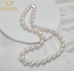 Ashiqi 1012mm Big Natural Freshwater Pearl Necklace For Women Real 925 Sterling Silver Clasp White Round Pearl Smyckesgåva 201224481488