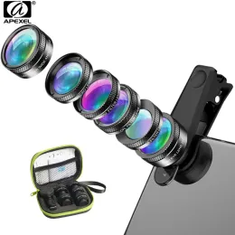 Uppvärmning ApExel New 6in1 Kit Camera Lens Photographer Mobiltelefonlinser Kit Macro Wide Vinle Fish Eye Cpl Filter för iPhone Xiaomi MI9