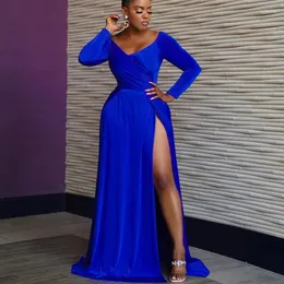 Casual Dresses Blue A-Line Party Evening Dress Woman Elegant High midja lång ärm Big Swing Prom Gown Formal Night Club Split Maxi