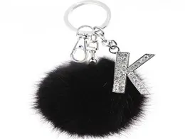 Teh y y y y y y y y black pompom faux rabbit fur ball keychainsクリスタルレターキーリングキーホルダートレンディジュエリーバッグアクセサリーギフトG10191018125