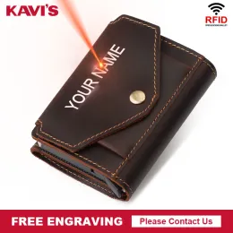 Holders KAVIS RFID Blocking Card Holder Wallet Men Automatic Aluminium Pop Up ID Card Case Crazy Horse Leather Coin Purse Engraving