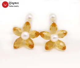 Stud Earrings Qingmos Natural 5-6mm White Round Pearl For Women With Orange Flower Crystal Earring Double Sided Ear Jewelry E707