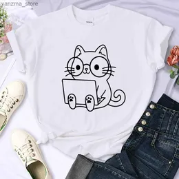 T-shirt feminina cuidadosa dy de trabalho esboços de gato feminino tendência de personalidade de tendência de roupas t tops criativos slve slve y240420