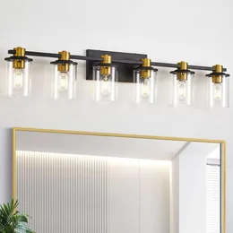 Moderne Schwarz und Gold 6 -Licht -Badezimmer -Eitelkeitsleuchte mit klaren Glasschatten - stilvolle Wandleuchten für elegante Badezimmerbeleuchtung