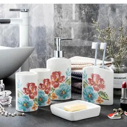 욕조 액세서리 세트 유럽 스타일의 꽃 패턴 세척 세라믹 5 조각 비누 접시 양치용 컵 칫솔 병 욕실 장식