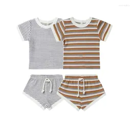 Conjuntos de roupas 0-3 y Baby Set Fashion Strip Brief Boys Trech Suit Waffle Girls Tee and Shorts 2 PCs