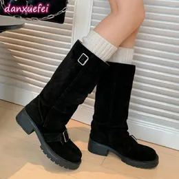 Stiefel DanxueFei 2024 Herbst Frauen natürliches Wildleder Leder 4,5 cm klobig Fersenplattform Slip-on Mid-Calf Punk Hälfte