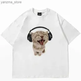 Kvinnors t-shirt topp Damski Z Sodki Kociak Nadrukiem T-shirt Z Krtkim Rkawem Damski Harajuku Para Luna Odzie W Stylu Ulicznym Y2404202020420