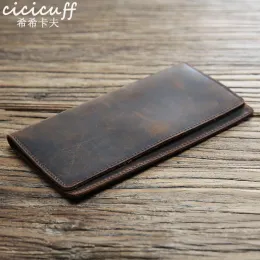 Carteiras de couro genuíno masculino carteira louca cavalo cheiro masculino machado vintage handmade long slim thin carteira titular billfold purse carteira