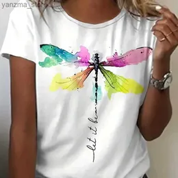 Kvinnors t-shirt plus storlek Casual T-shirt kvinnor plus Dragonfly Art Letter Print kort slve rund hals t-shirt y240420