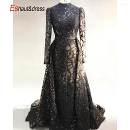 Vestidos de festa luxo dubai preto/corda lantejas de sereia vestido de noite 2024 mangas compridas pescoço alto capa destacável vestidos de baile