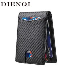 Brieftaschen Dienqi Kohlefaser Männer Brieftaschen RFID Kartenhalter Geldbeutel Kurzes BIFOLD Leder Minimalist Wallet Male Geldbörse Smart Walet Schwarz Schwarz