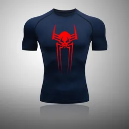 夏のスパイダープリントパターンメンズTシャツアウトドアフィットネススポーツ圧縮半袖Tシャツ夏クイック乾燥マター240420