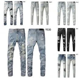 メンズジーンズデザイナージーンズAMジーンズ9530高品質のファッションパッチワークリッピングレギンス28-40