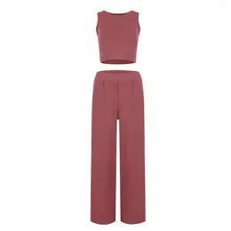 Pantaloni femminili a due pezzi senza maniche a vita alta gamba in vita alta con tasche per abbigliamento sportivo Stup di colore solido casual pantalones