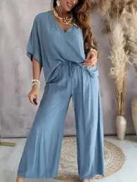 Summer Suble STABLE STINES FOR LONG PANT SETS V NECK BAT SLEEVE DISALE DOOLD-LEG PANTS 2 ملابس ألوان صلبة 240418