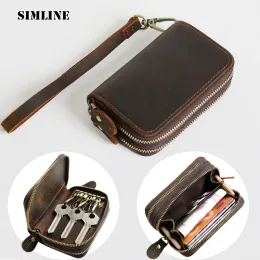 Cüzdanlar simline orijinal deri anahtar cüzdan erkekler vintage çift fermuarlı araba anahtar cüzdan tutucu tutucular para çanta çantası organizatör temizlikçi