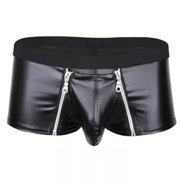 Mens Sexy Leather Lingerie Aberta Croth Curta Curta para sexo Latex Soft Fetish Boxer Crothless Leather Rouphe Bulge Bolsa Sexi 240419