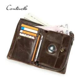 Wallets Genuine Leather Bifold Wallet Men RFID Card Holder with Antilost Airtag Design Wallet Removable Zipper Male Clutch Coin Purse