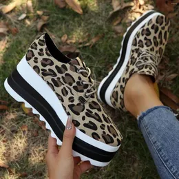 Casual Shoes Women's Thick Sole Cake Lace Up Round Toe Leopard Print Formal Sandals Plus-size Platform Canvas