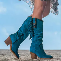 Blue Women Boots Mode Tassels Cowgirl Stiefel für Frauen Winter 2024 Chunky Heels Riding Stiefel mit Seiten Zip Cowboy Boots Schuhe 240415
