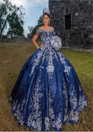 2022 Bling Quinceanera Dresses Royal Blue Sequined Lace Off Shoulder Silver Lace Appliques Beading Sequins Train Sweet 16 Party PR2808452