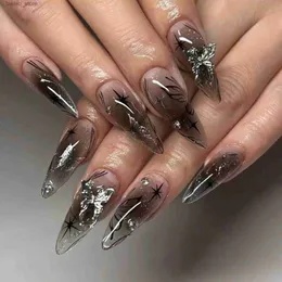 Ложные гвозди 24pcs 3D Sliver Butterfly Decor False Nails Full Cover Fake Nail для женщин -леди миндаль Black Butterfly нажимайте на пятнах ногтей Y24041962SX