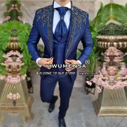 Men's Suits Luxury Navy Blue Mens For Wedding Sparkling Stones Groomsman Tuxedos Custom Made Crystals Beaded Artists Prom Blazer Sets