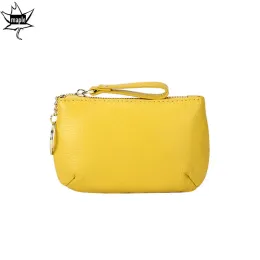 Purses Yellow One Zip Short Wallets Mini Card Cash Holder 100% Natural Cowhide Leather Women Wallet Clutch Coin Purse Small Pouch