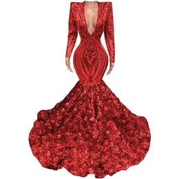 Sexy Mermaid Sequined V-Neck Prom Dresses Long Sleeve Party Dresses Champagne Flowers Sweep Train Formal Occasion Dress Evening Dresses for Women