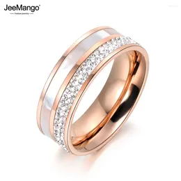 Bröllopsringar Jeemango Rose Gold Color Rhinestone Shell smycken 316L Rostfritt stål Förlovningsring för kvinnor gåva JR18050