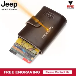 홀더 진짜 가죽 RFID 신용 카드 홀더 지갑 슬림 알루미늄 금속 팝업 스마트 지갑과 돈 명함 지갑