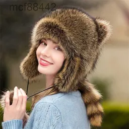 Kvinnor Real Raccoon Fur Hat Russian Trapper Hunter Winter Warm Cat Ear Cap Earfap