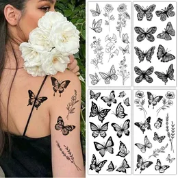 1 sayfa siyah çiçek kelebek geçici dövmeler kadınlar için erkekler vahşi bitki sahte dövme çıkartması yetişkinler yüzler vücut sanatı tatoo 240418