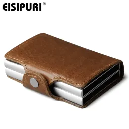 Wallets EISIPURI Men Genuine Leather double Metal Credit Card Holder Aluminium RFID Blocking Wallet Hasp Mini Vintage Wallet Hold Cards