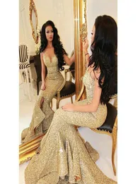 2016 Gold Sequined Dresses Images Real Sexy Sweethart Long Mermaid Deviper Donsls Front Slit Ruffles Bling Prom Vorts3905958