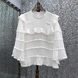 Женские блузки Blusas Feminino 2024 Весна Summer Summer Fashion Top Top Высококачественная женская кружевная вышивка Каскадная рюша Floral White Black