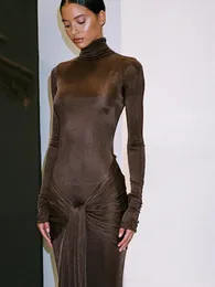 Artikat yüksek boyun uzun kollu bodycon elbise kadınlar için sıkı elastik dantel yukarı maxi uzun elbise sonbahar parti kulübü vestidos 240419