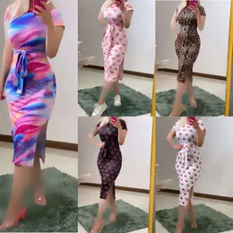 Womens Party Dress Designer New Fashion Print Split Waistband Round Neck Wrapped Hip Slim Fit Dress