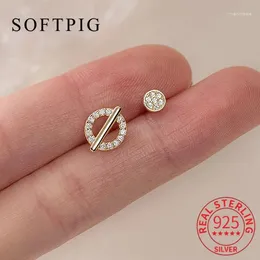 Stud Earrings SOFTPIG Real 925 Sterling Silver Zircon Round Asymmetry For Fashion Women Party Cute Fine Jewelry Accessories Gift